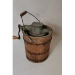 Early 20th. C. pine and metal ice cream maker.