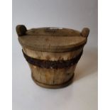 19th. C. pine storage container with original lid. (16cm H)