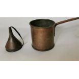 18th. C. copper saucepan and funnel.