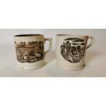 Two 19th. C. brown and white transfer cow mugs.