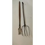 19th. C. wire toasting fork and a brass and mahogany toasting fork.