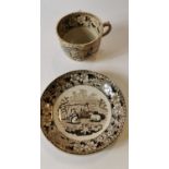 19th. C. transfer cup and saucer depicting milking scenes.