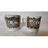 Two 19th. C. brown and white transfer cow mugs.