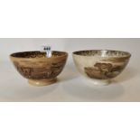 Two 19th. C. brown and white transfer cow porridge bowls.