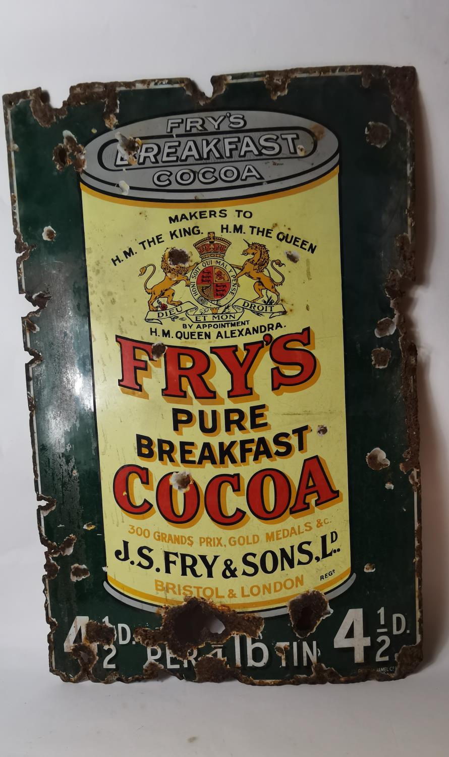Original FRY's Pure Cocoa enamel advertising sign.
