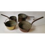 Three 18th. C. copper saucepans and a Jelly Pan.