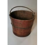 (19th. C. pine bucket with metal hoops and handle.