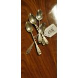 Set of five English silver teaspoons.