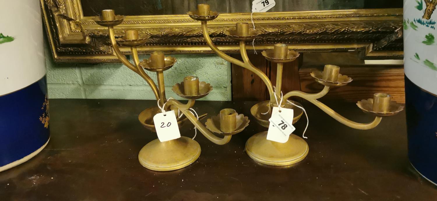 Pair 19th.C. brass five branch candlesticks.