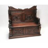 19th C. exceptional quality carved oak monks bench.