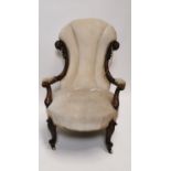 19th. C. upholstered mahogany ladies open armchair.