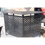 Aluminium bar counter with shelving with two high chairs.