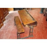 Two seater oak and metal school desk.