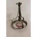 Edwardian brass hanging lamp with ruby and etched glass shade.