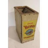 Early 20th C. Smoke Robin Cigarettes wooden and cardboard advertising box.