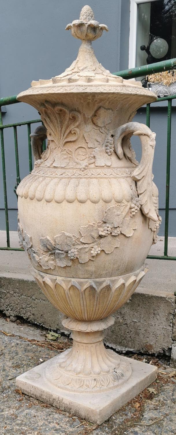 Pair of exceptional quality cast stone lidded urns in the Adams style. - Image 3 of 5