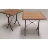 Pair of early 20th C. metal and wooden garden tables.