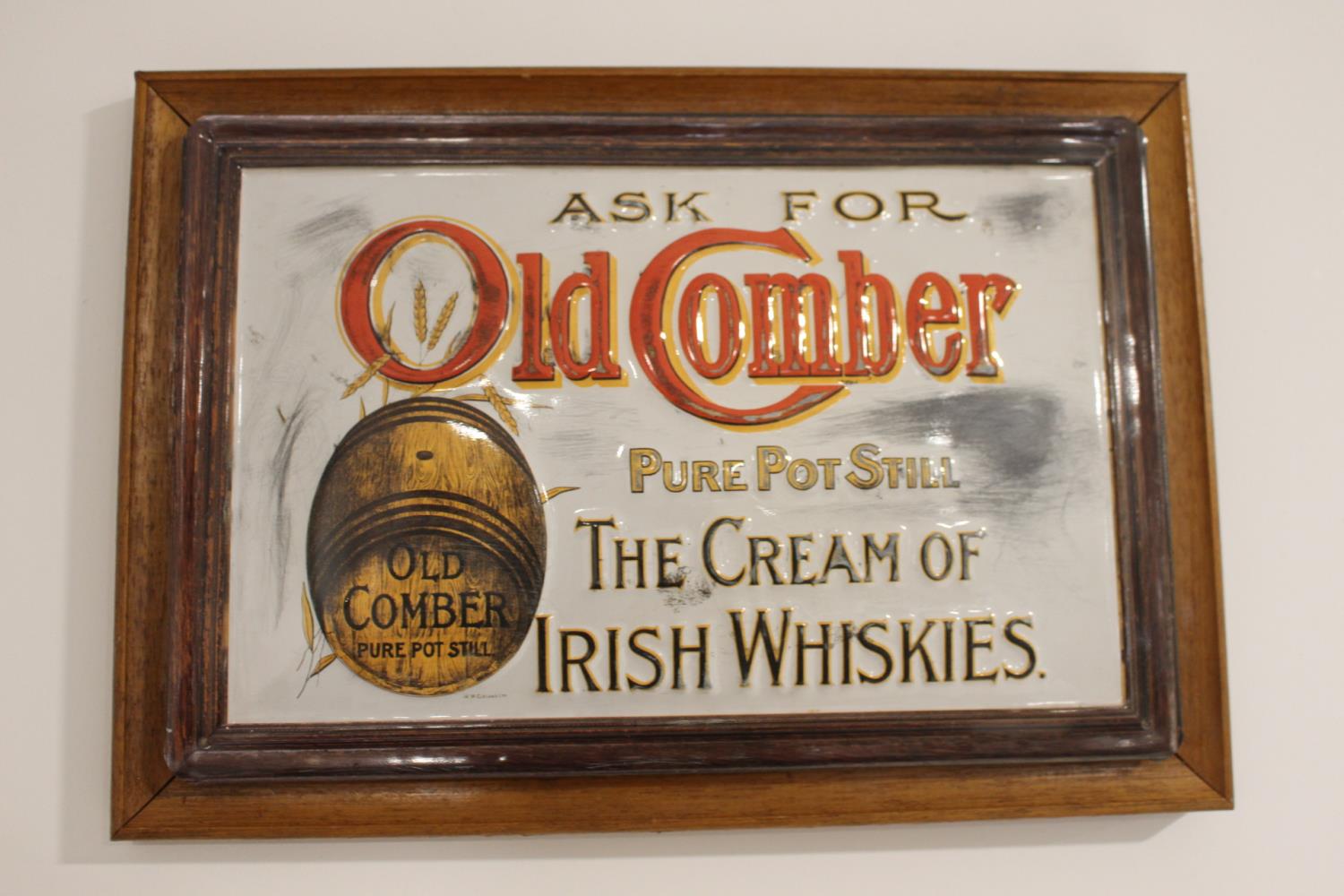 Ask For Old Comber Pure Pot Still The Cream Of Irish Whiskies embossed advertising sign .