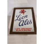 Lions Ales Blackburn framed advertising mirror.