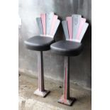 Three Art Deco metal and vinyl stools {112 cm H x 36 cm W x 35 cm D each}.