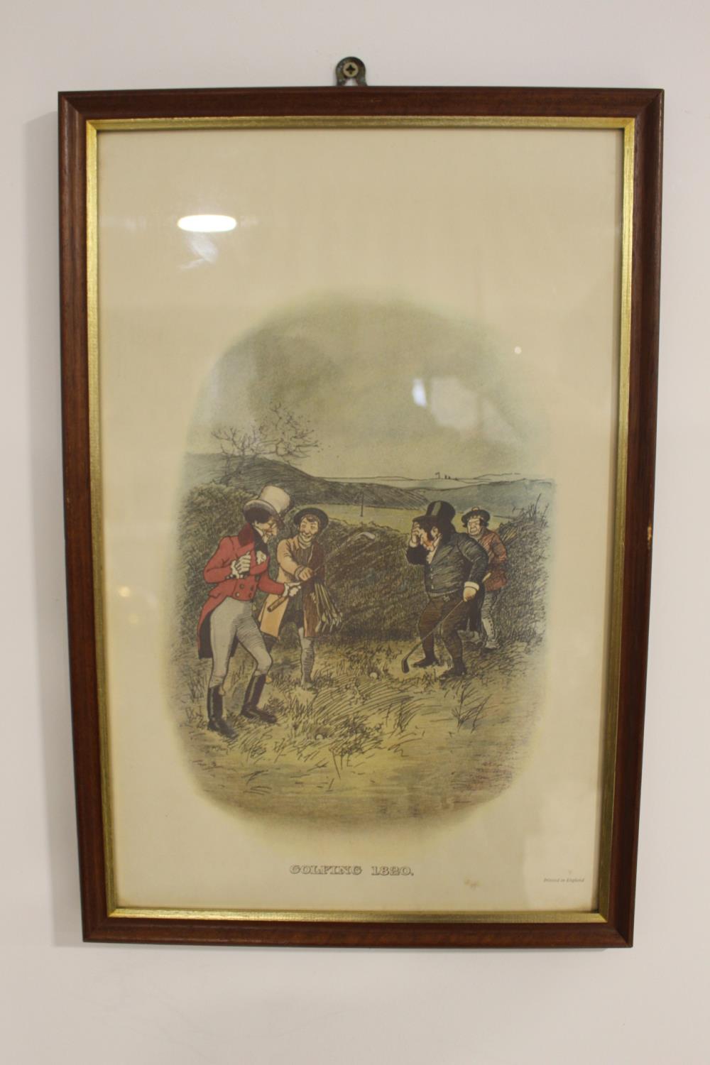 19th C. coloured golfing print in wooden frame.