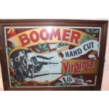 Rare reverse painted glass Boomer Hand Cut Virginia Tobacco advertising sign.