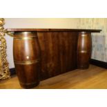 Vintage double barrel bar counter with brass bands {110 cm H x 230 cm W x 71 cm D}.