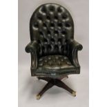 Exceptional quality hand died leather deep buttoned swivel desk chair.