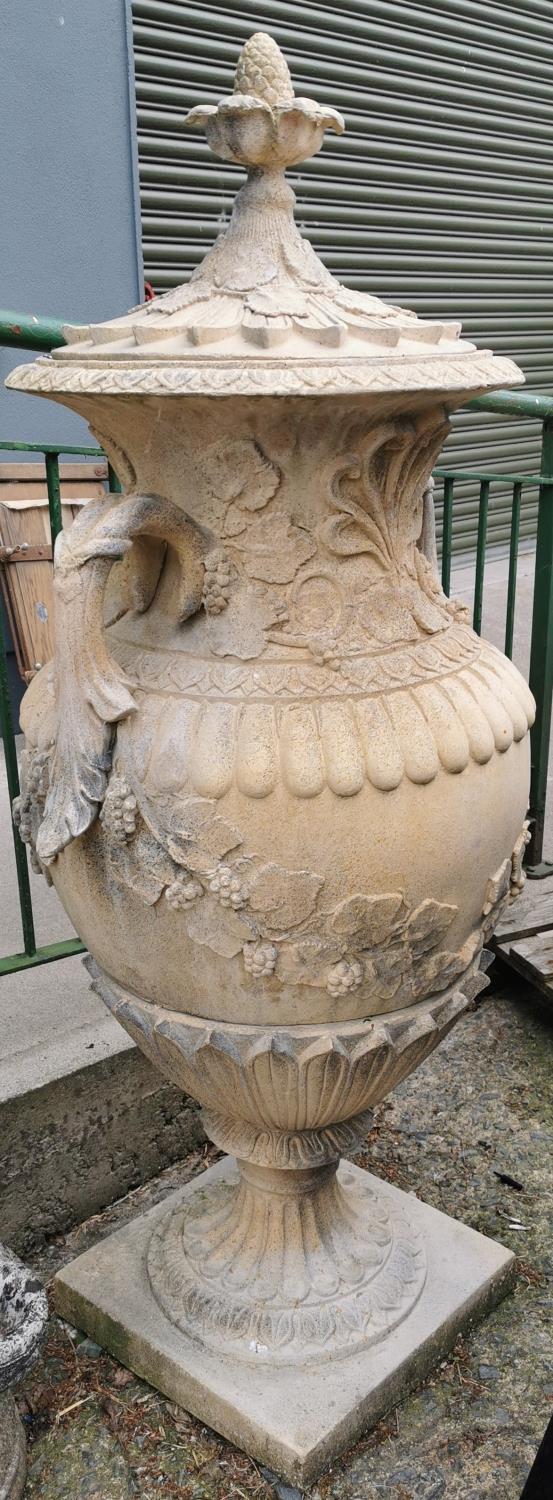 Pair of exceptional quality cast stone lidded urns in the Adams style. - Image 4 of 5