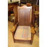 19th C. pine wing back chair.
