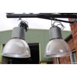 Pair of industrial Perspex hanging lights.