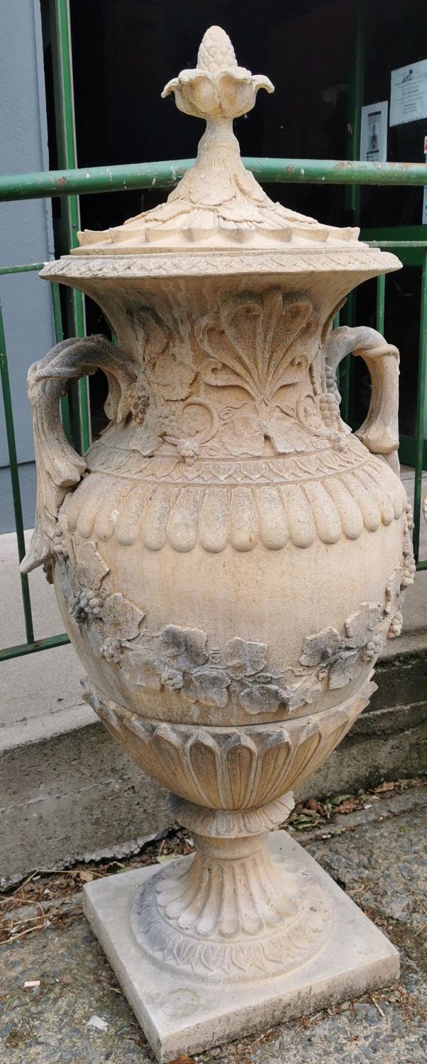 Pair of exceptional quality cast stone lidded urns in the Adams style. - Image 2 of 5