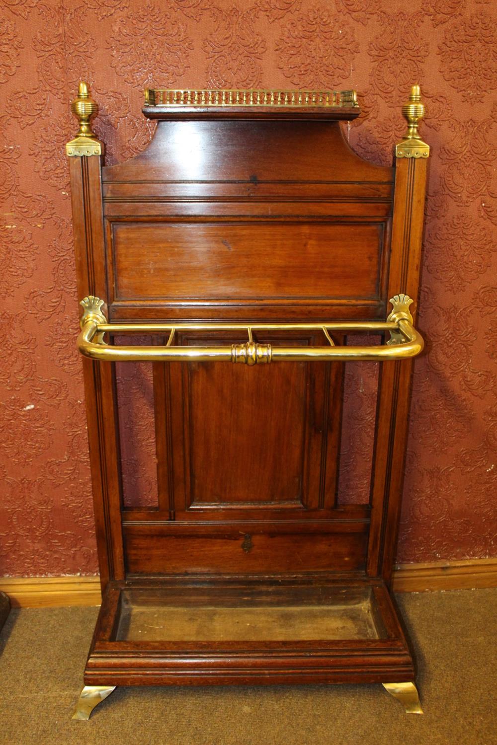 Rare Edwardian mahogany and brass Shoolbred & Co. London stick stand.