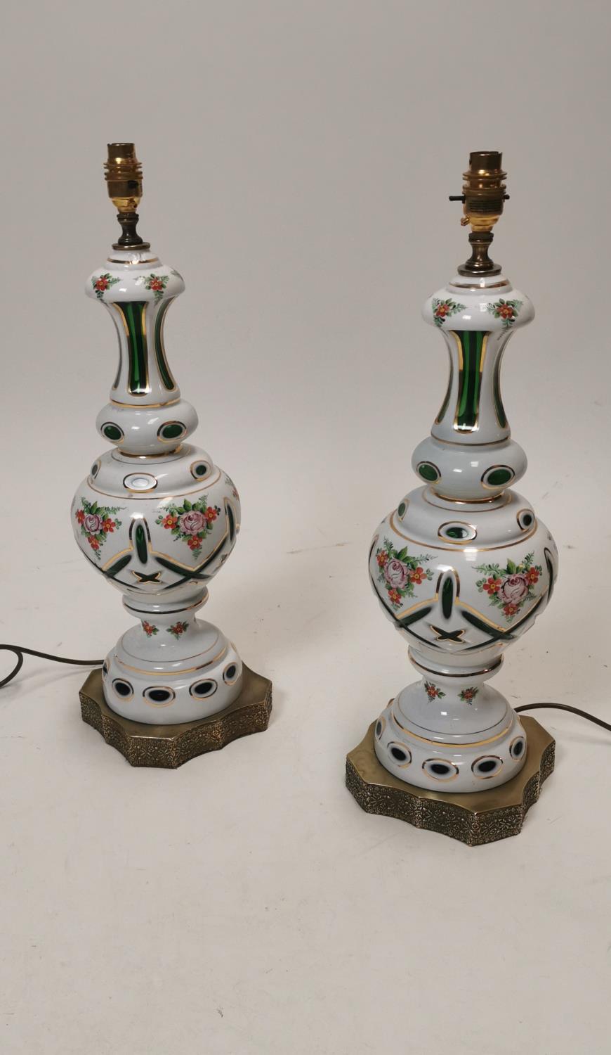 Pair of exceptional quality 19th C. hand painted glass table lamps.