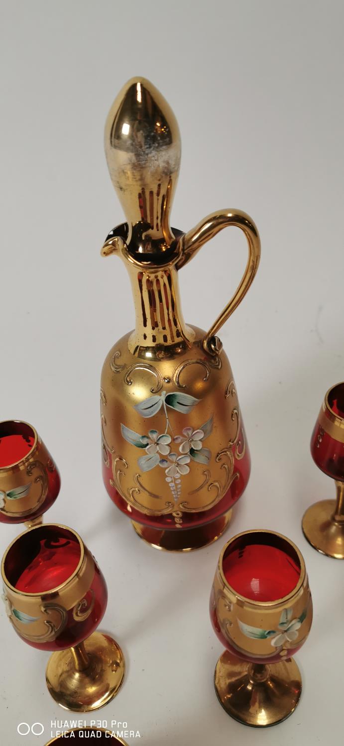 Edwardian hand painted and gilded cranberry glass sherry set. - Bild 2 aus 2