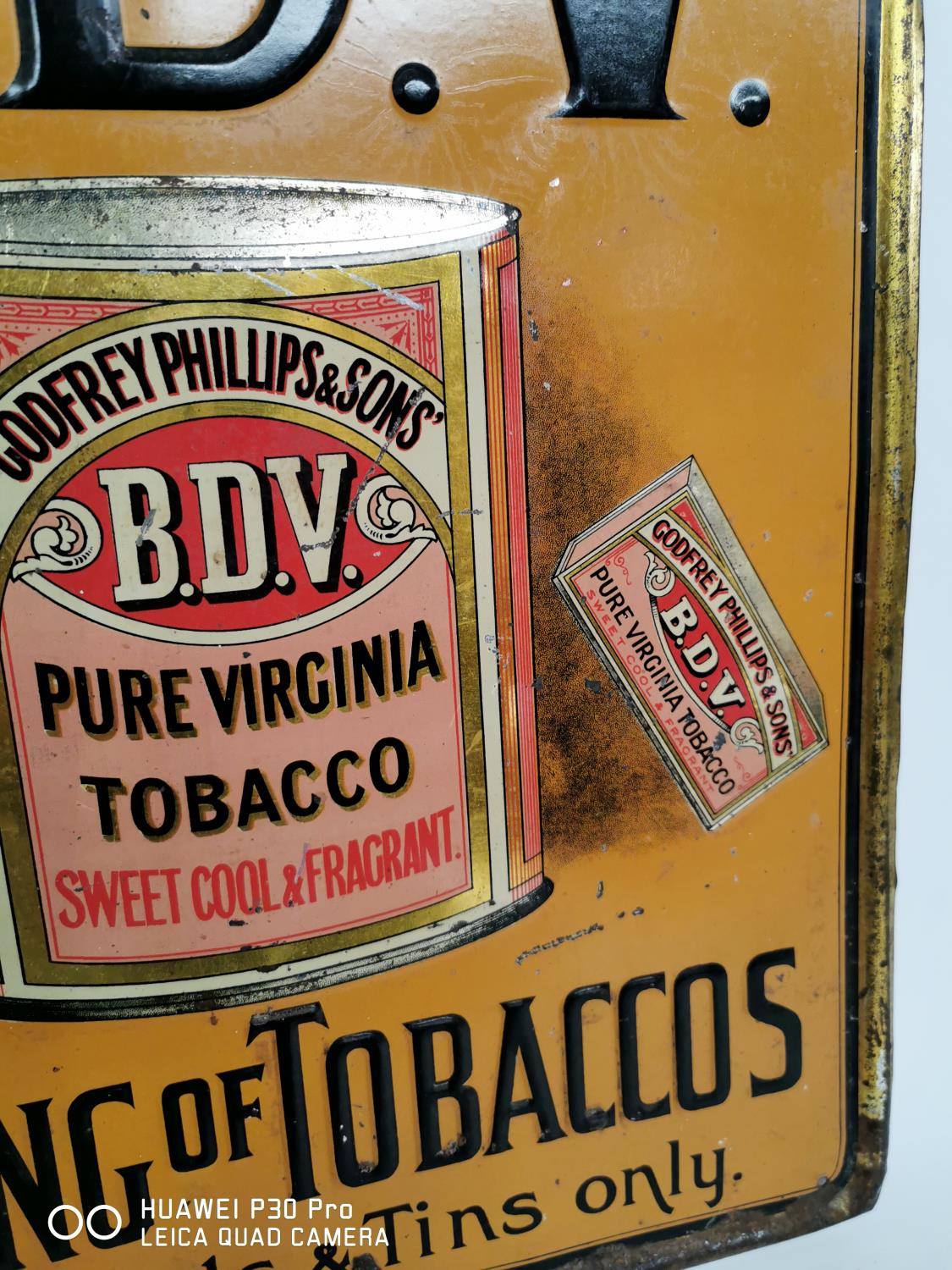 Rare Smoke B.D.V Pure Virgina Tobacco advertising sign - Image 2 of 3