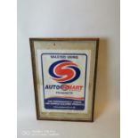 Framed AutoSmart International Products advertising sign.