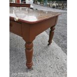 19th . C. painted pine table with twelve drawers on turned legs