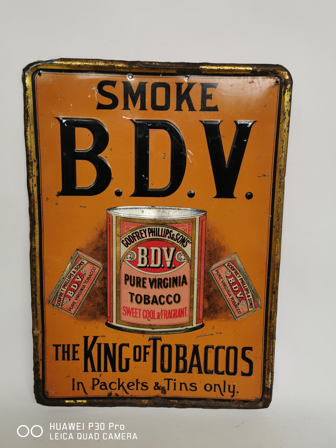 Rare Smoke B.D.V Pure Virgina Tobacco advertising sign