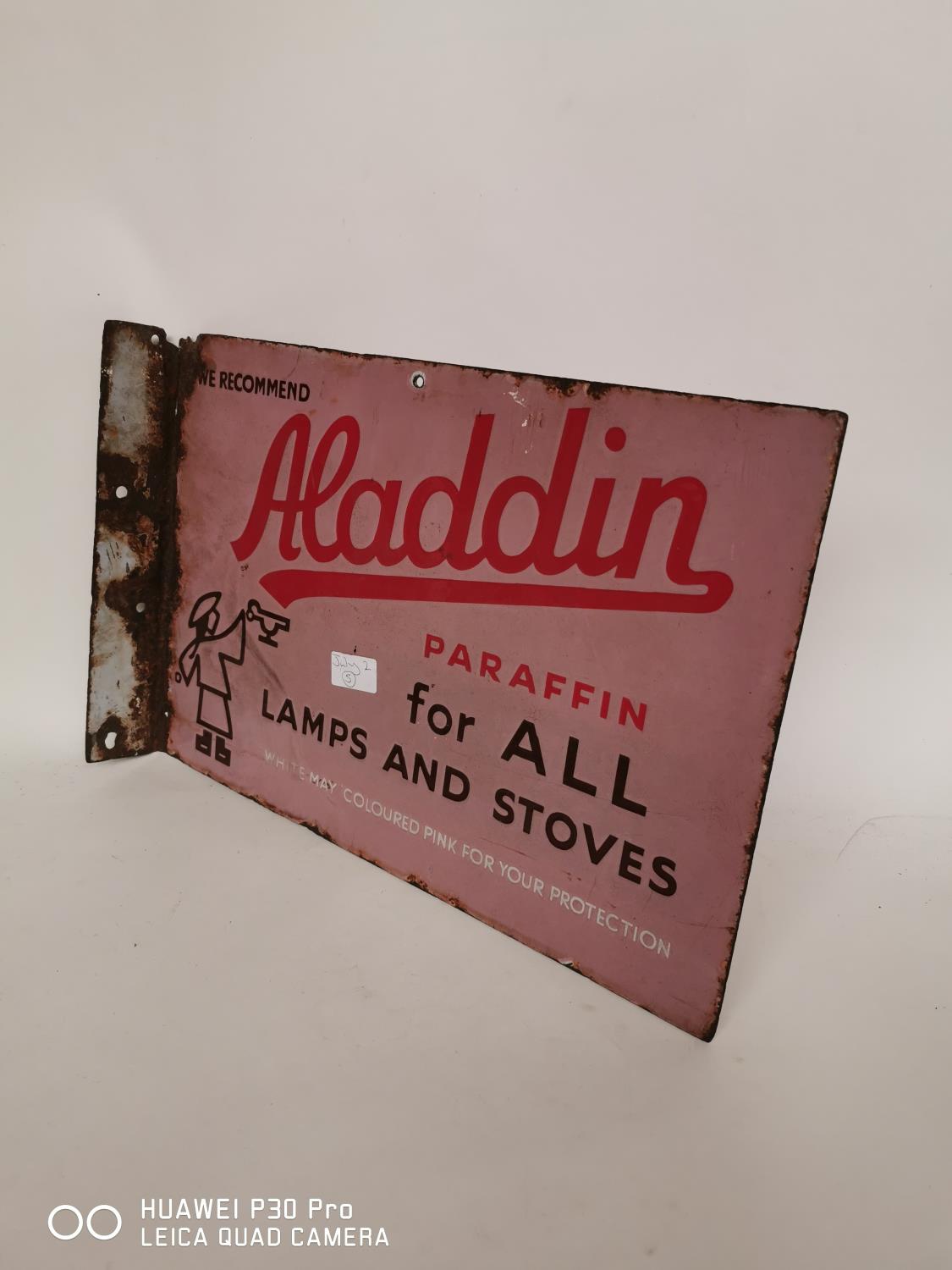 Rare Aladdin Paraffin for all lamps and stoves double sided enamel advertising sign.