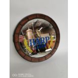 Harp Lager Advertising Mirror inset in wooden barrel top.