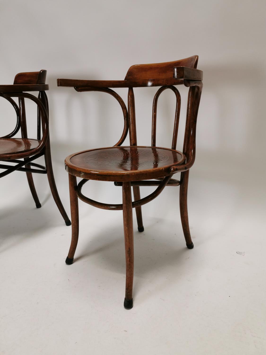 Pair of early 20th C. bent wood arm chairs {83 cm H x 63 cm W x 50 cm D}. - Image 2 of 4