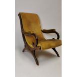 19th C. mahogany arm chair with mustard velvet upholstery {90 cm H x 64 cm W x 95 cm D}.