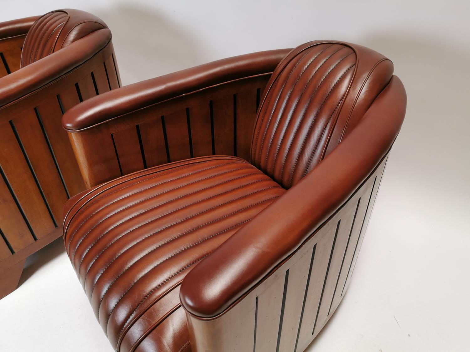 Pair of exceptional quality Art Deco style leather upholstered and wood Aviator club chairs {72 cm H - Image 3 of 4
