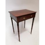 Georgian mahogany side table with single drawer on turned legs and brass casters {73 cm H x 54 cm W