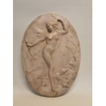 19th C. plaster plaque depicting a Lady Hunting with Hound {50 cm H x 36 cm W}.