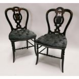 Pair of 19th C. ebonised and gilt side chairs with deep butoned upholstered seats .