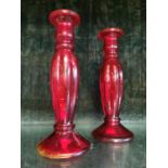 Two Ruby Glass Candlesticks {23 cm H}.