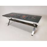 1970s chrome coffee table with inset ceramic tiles {42 cm H x 124 cm W x 47 cm D}.