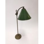 Rare early 20th C. brass desk lamp with original green enamel shade {58 cm H x 30 cm W x 20 cm D}.